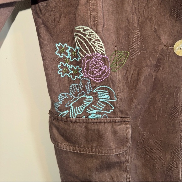 J Jill Brown Canvas Embroidered One Button Jacket Floral Purple Blue Small - Picture 3 of 11